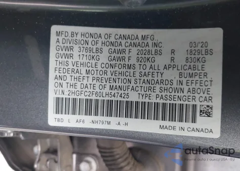 2020 Honda Civic Lx from USA, damaged, VIN 2HGFC2F60LH547425